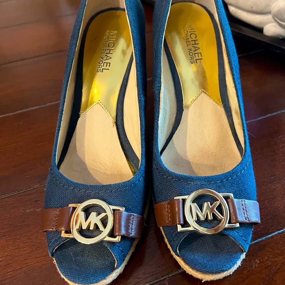 Michael Kors Wedge Espadrille. Open toe. Size 7. Navy blue canvas. $50
